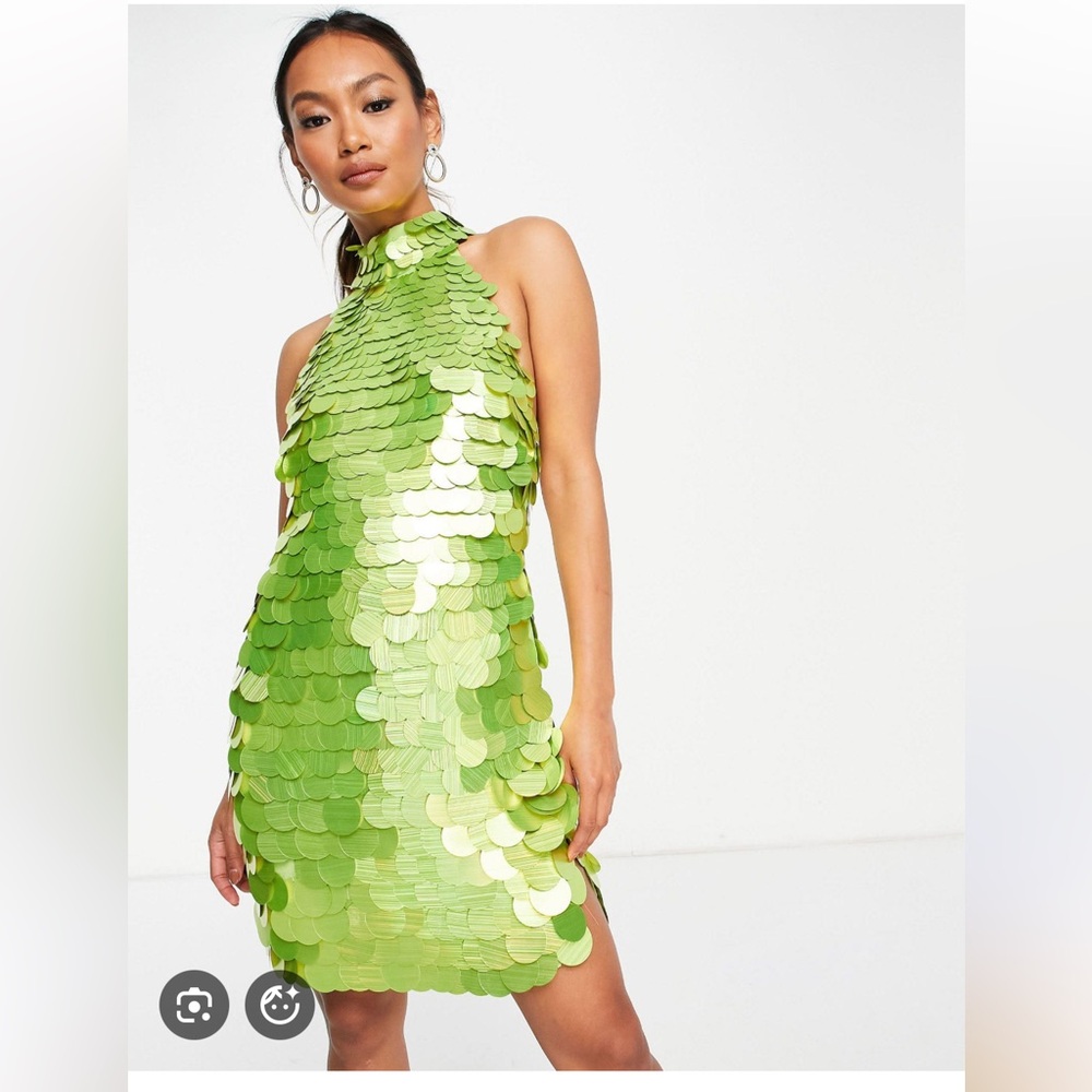 ASOS Edition Green Sequin Disc Halter Mini Dress Size US 8/UK 12